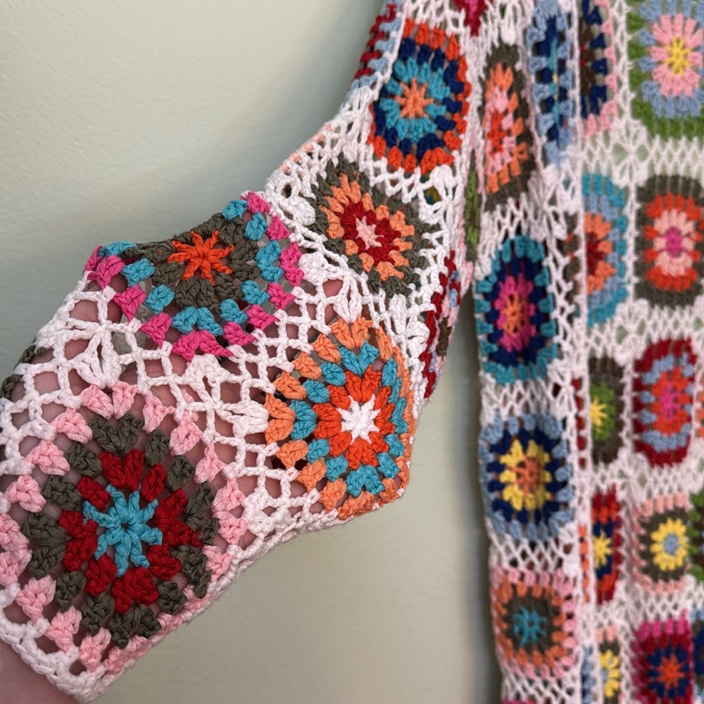 BIBI Handmade Granny Square Crochet Cardigan swim suit coverup long cardigan L - Picture 7 of 12